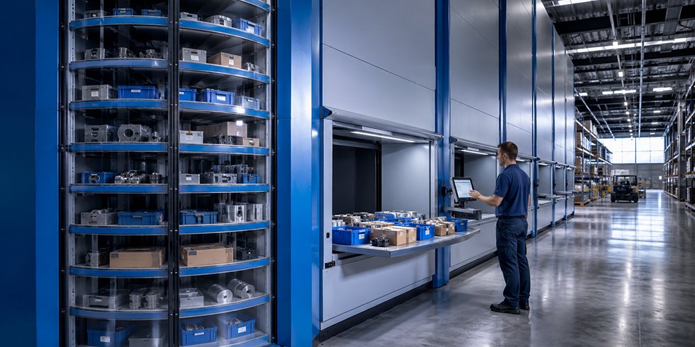 Automated vertical carousel storage system improving warehouse space utilization and picking efficiency